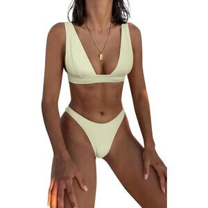 ✨ Women White Deep V Neck Sexy Two Piece Bikini Set Thong Halter Cheeky Swimsuit